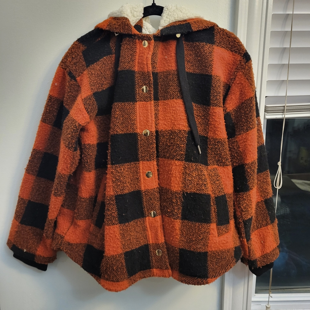 Forever 21 Women's Orange and Black Plaid Ski Jacket